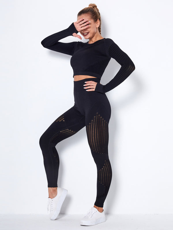 Seamless tight striped long-sleeved pants quick-drying yoga wear sportswear set