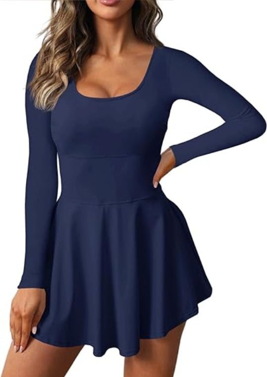 Fisoew Womens 2-in-1 Athletic Tennis Golf Dress Long Sleeve Underneath Workout Active Dresses With Built-in Shorts