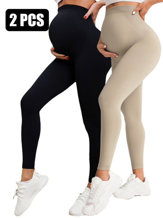 2 Pack  Maternity High-Waisted Seamless Yoga Pants For Women - Tummy Support Fitness Leggings