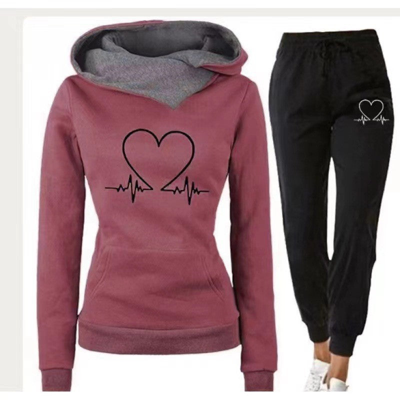 Love Heart Printed Sports Suit Hooded Sweatshirt Top And Drawstring Pants Fashion Casual Clothing For Women