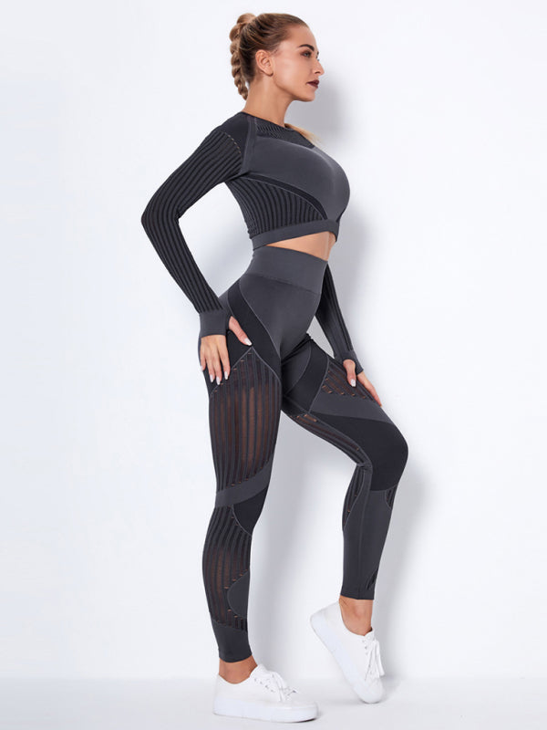 Seamless tight striped long-sleeved pants quick-drying yoga wear sportswear set